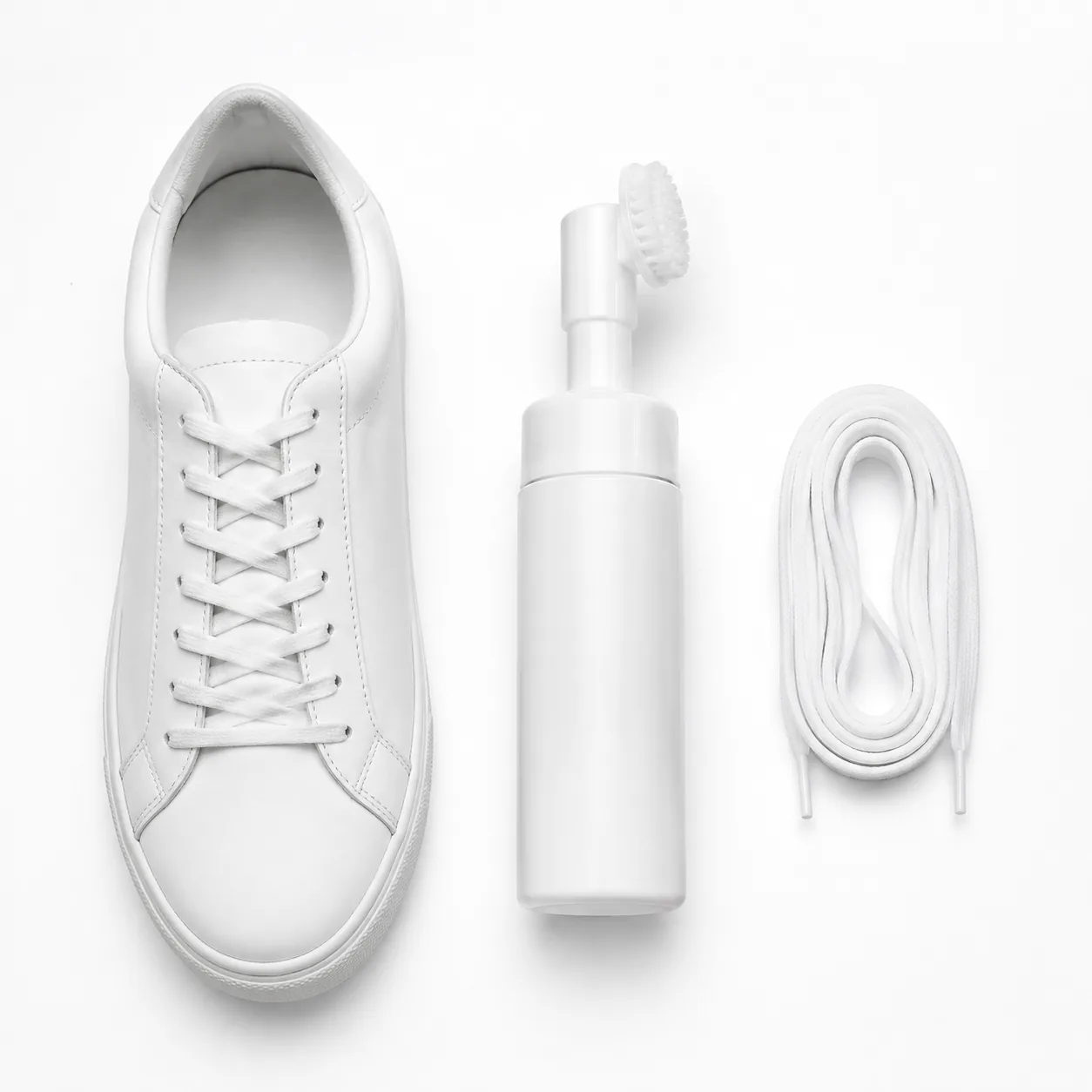 White leather sneaker, foam cleaner bottle with brush, and a coiled pair of white laces