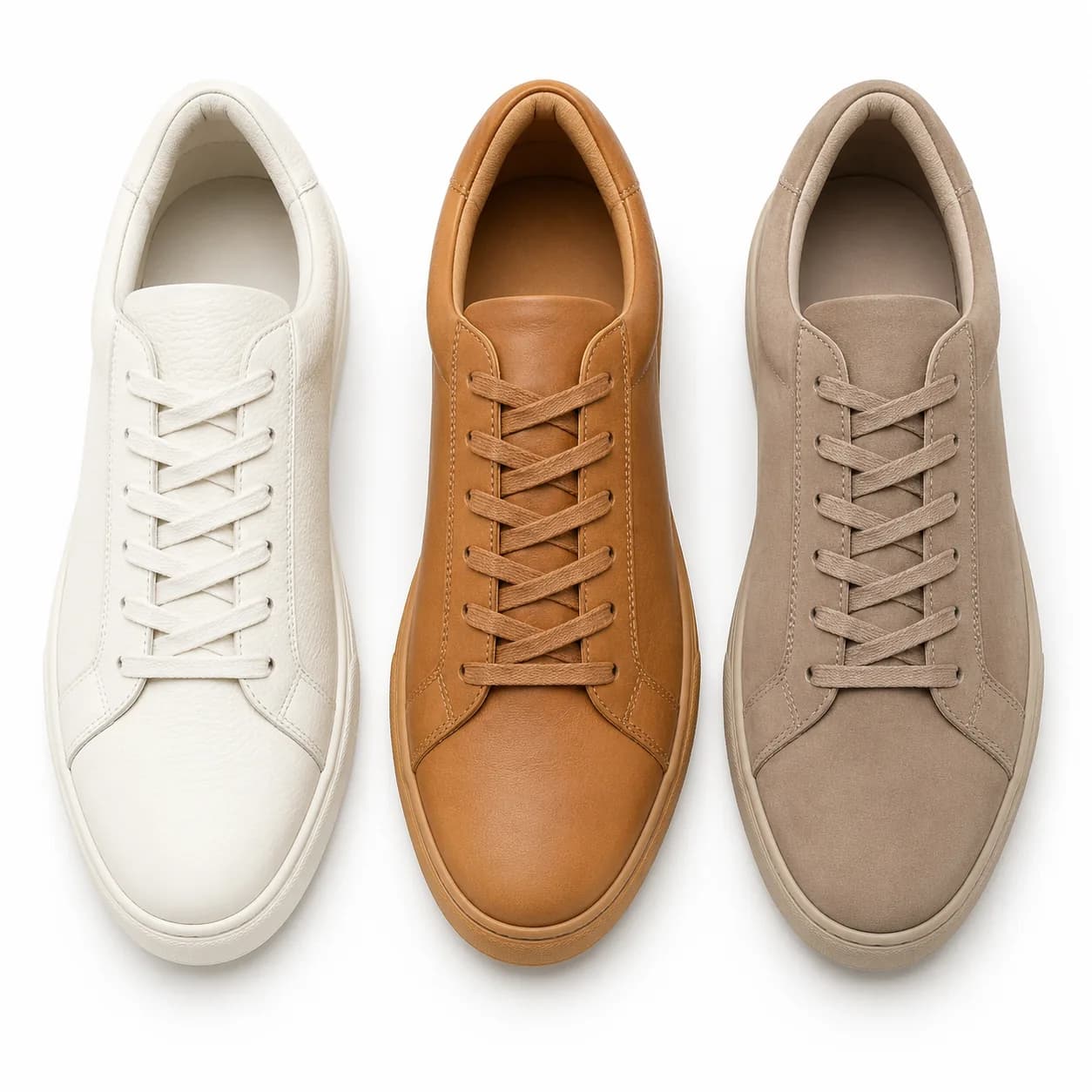 Three sneakers in a row: white full-grain leather, tan leather, taupe nubuck
